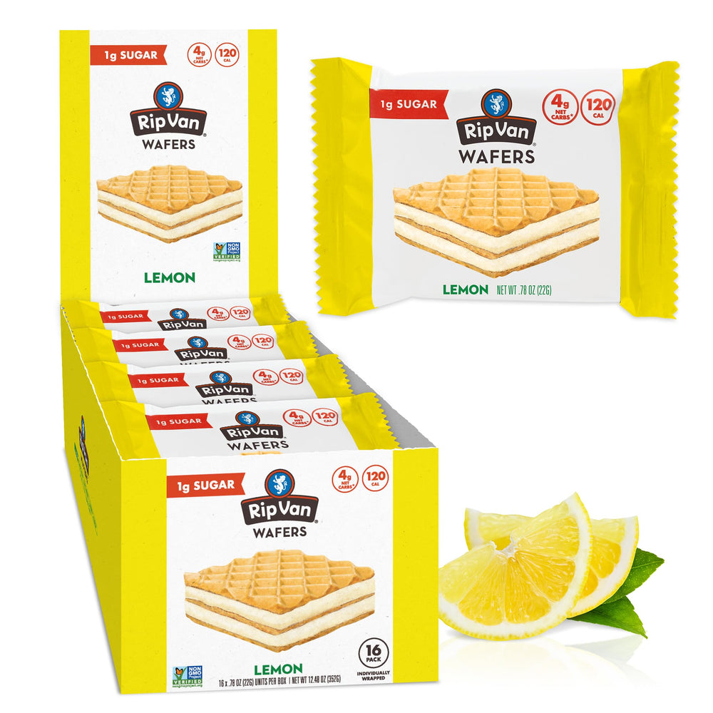 Rip Van Wafels Lemon Cookies packaging showing 16 individually wrapped wafers for on-the-go snacking.