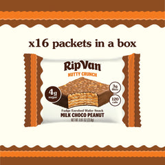 Rip Van Wafels Nutty Crunch cross-section reveals chocolate layers and peanut crunch.
