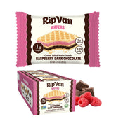 Rip Van Wafels Raspberry–Dark Chocolate wafer pack, portable healthy snack.