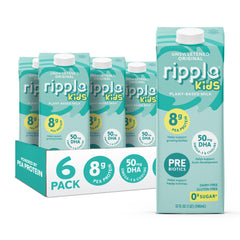 Ripple 32oz pack shot showing shelf-stable plant-based milk ready in the pantry.