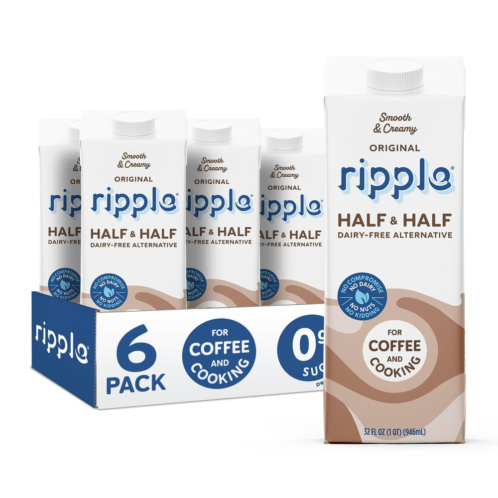 Ripple 32 oz plant-based milk bottle pouring, protein-packed and dairy-free.