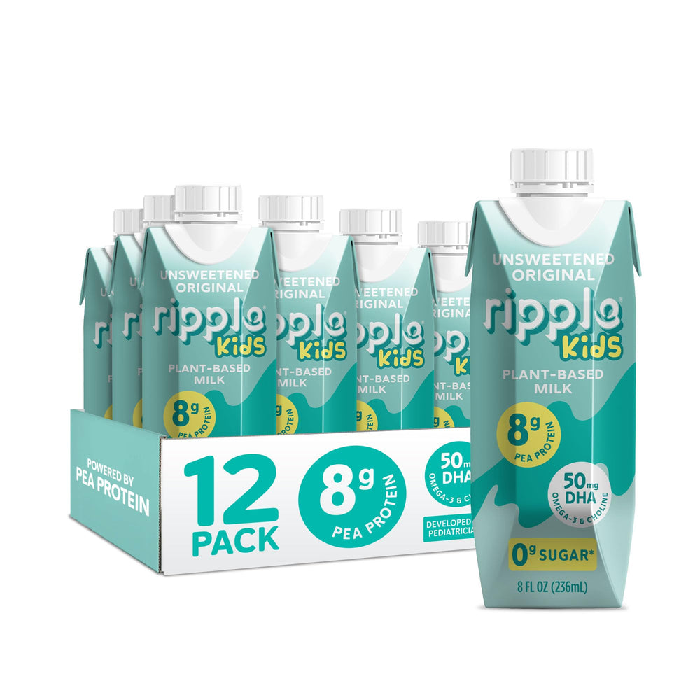 Ripple Kids Unsweetened Milk carton on pantry shelf for easy stocking
