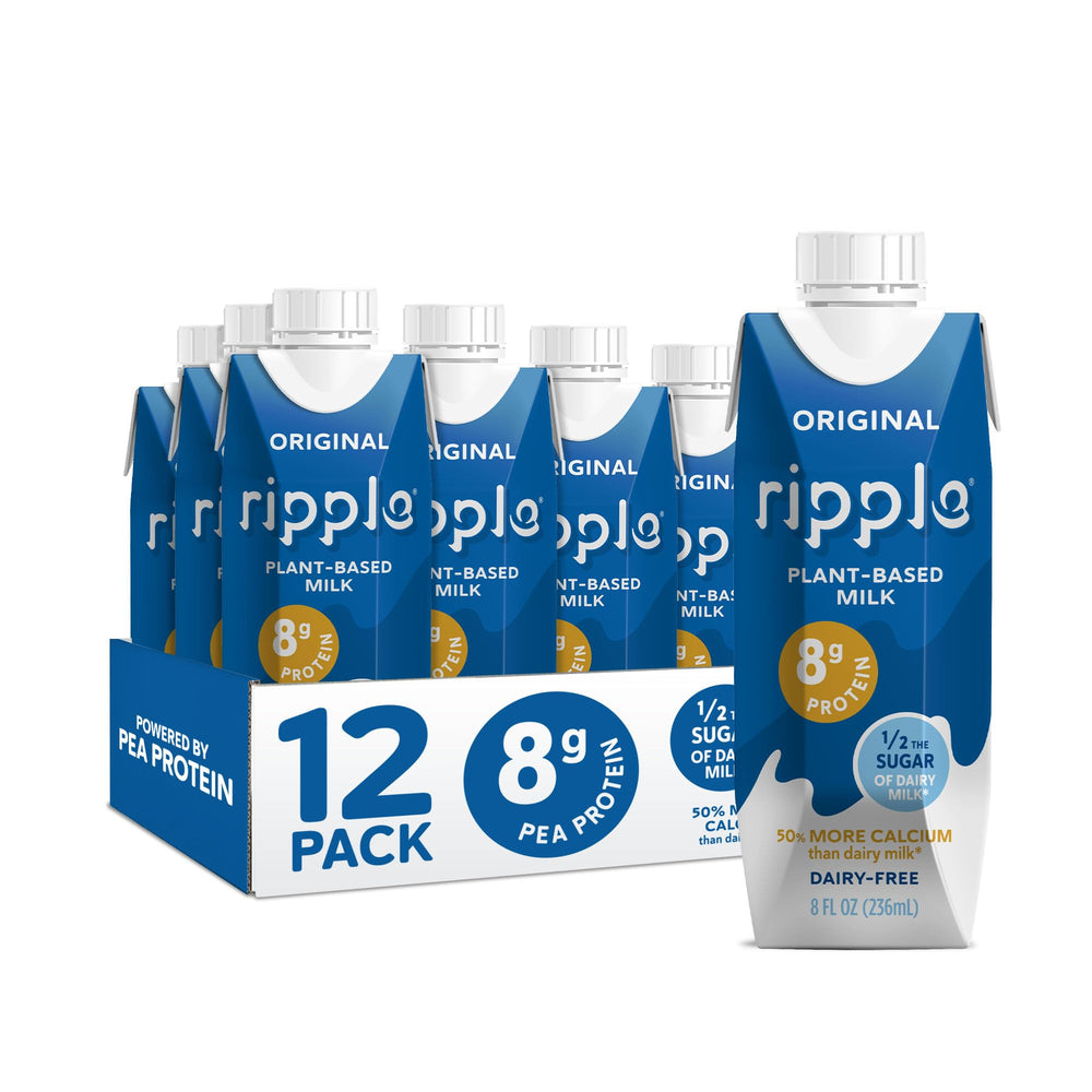 Ripple Original Plant Based Milk carton front showing calcium-rich nutrition.