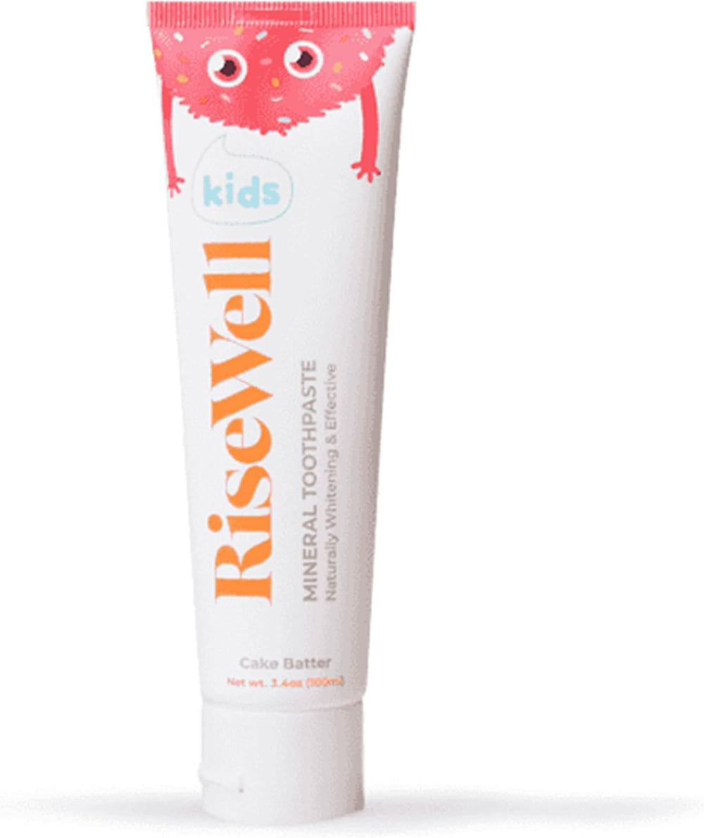 RiseWell Kids toothpaste tube with cake batter flavor, designed to make brushing enjoyable