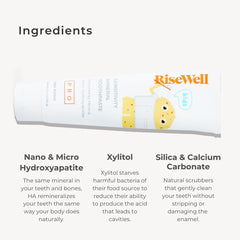 RiseWell PRO Kids toothpaste with a child brushing session illustrating routine use