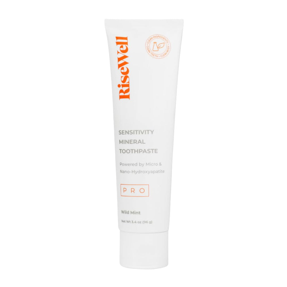 RiseWell PRO Mineral Toothpaste bottle showing fluoride-free enamel care and remineralization potential