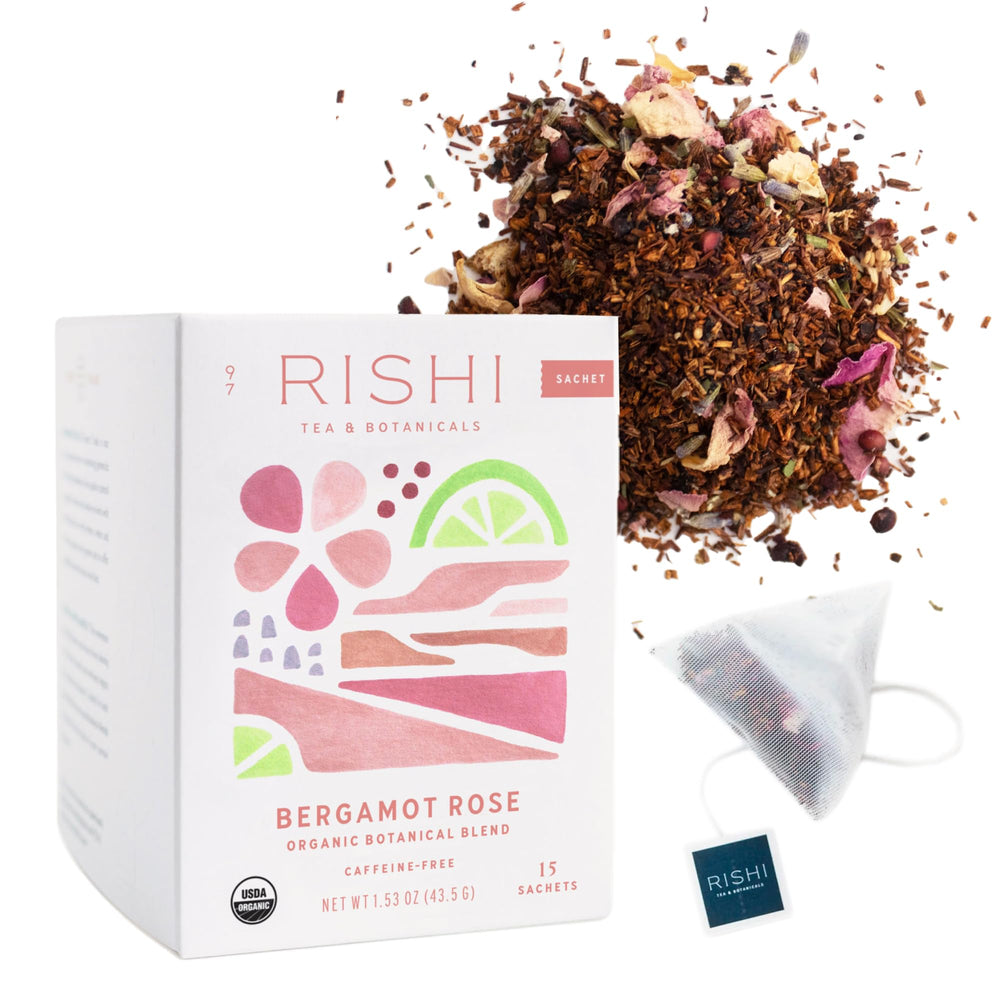 Rishi Bergamot Rose Herbal Tea packaging highlighting organic ingredients