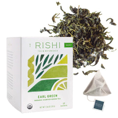 Rishi Earl Green bergamot sachet ready for a refreshing infusion.