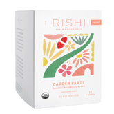 Rishi Garden Party tea bag closeup, featuring chamomile and neroli for a soothing, caffeine-free moment.
