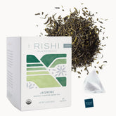 Rishi Tea Jasmine Green Tea bags in a box, fragrant daily brew.