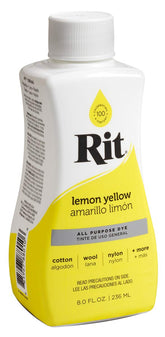 Rit All-Purpose Liquid Dye Lemon Yellow bottle pour for vibrant fabric color.