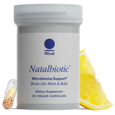 Ritual Natalbiotic citrus bottle front promotes maternal microbiome support during pregnancy.