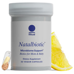 Ritual Natalbiotic citrus bottle front promotes maternal microbiome support during pregnancy.