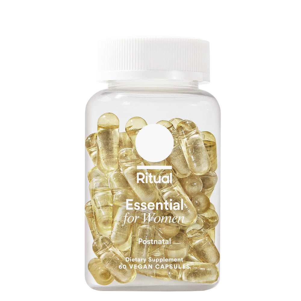 Ritual Postnatal Multivitamin mint bottle front supports postpartum nourishment.