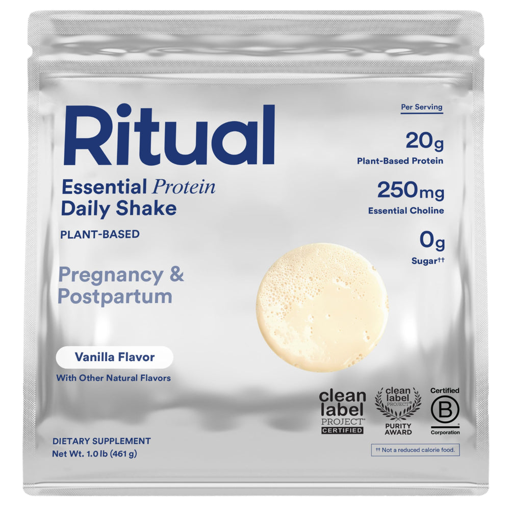 Ritual Prenatal Protein Powder vanilla packshot highlights clean, sugar-free formula for daily pregnancy nutrition.