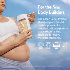 Ritual Prenatal Protein Powder vanilla glass shake focuses on smooth texture for easy mixing.