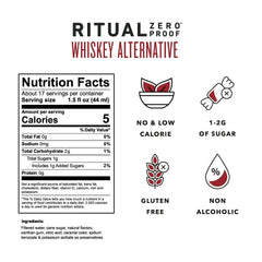 Ritual Zero-Proof whiskey alternative pour highlighting low-calorie option for healthy sipping