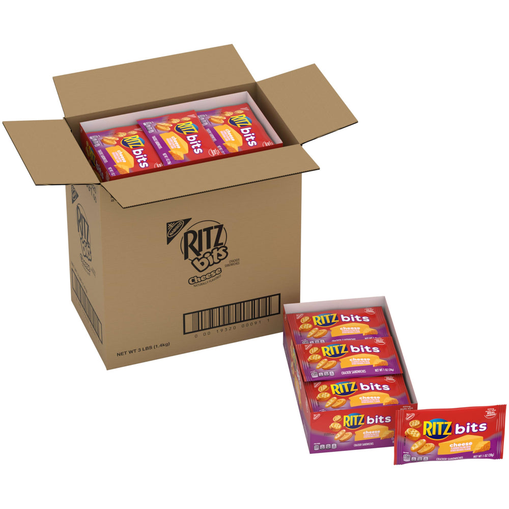 RITZ Bits Cheese Sandwich Crackers bulk packaging shown for pantry stocking.