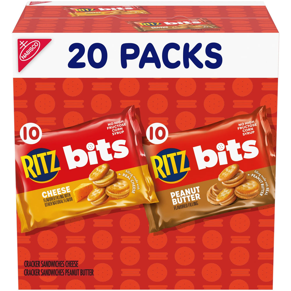 Ritz Bits Cheese Sandwich Crackers pack front view for lunch snack versatility.