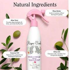 Rizos Curls bottle showing aloe vera hydration for soft, bouncy curls.
