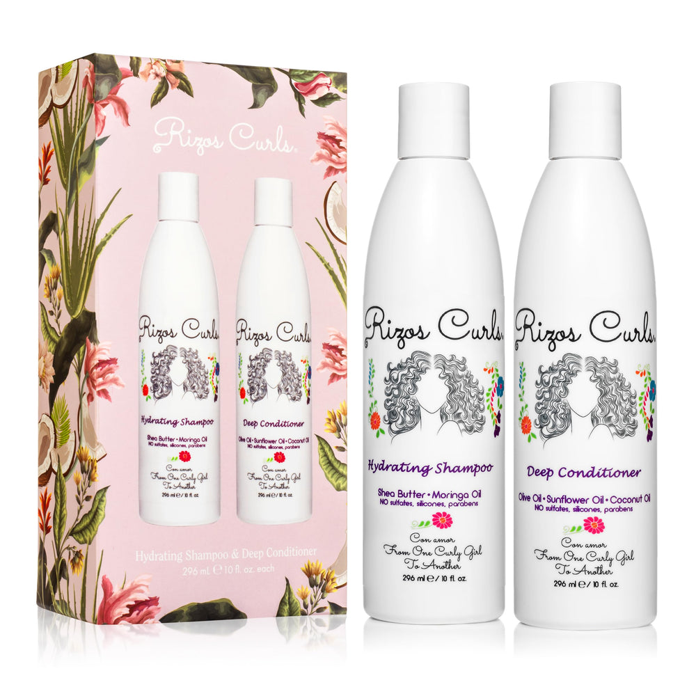 Rizos Curls Hydrating Shampoo bottle pour highlights gentle cleansing and shine.