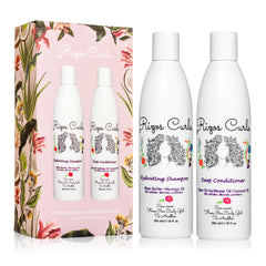Rizos Curls Hydrating Shampoo bottle pour highlights gentle cleansing and shine.