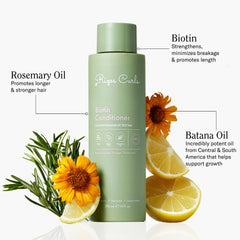 Rizos Curls Biotin Conditioner label close-up—vegan, cruelty-free, dermatologist-tested formula