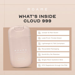 Roame Cloud 999 label close-up highlighting FDA-registered, moisturizing formula.
