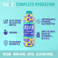 ROAR Organic coconut-water base bottle highlights natural hydration and refreshment.