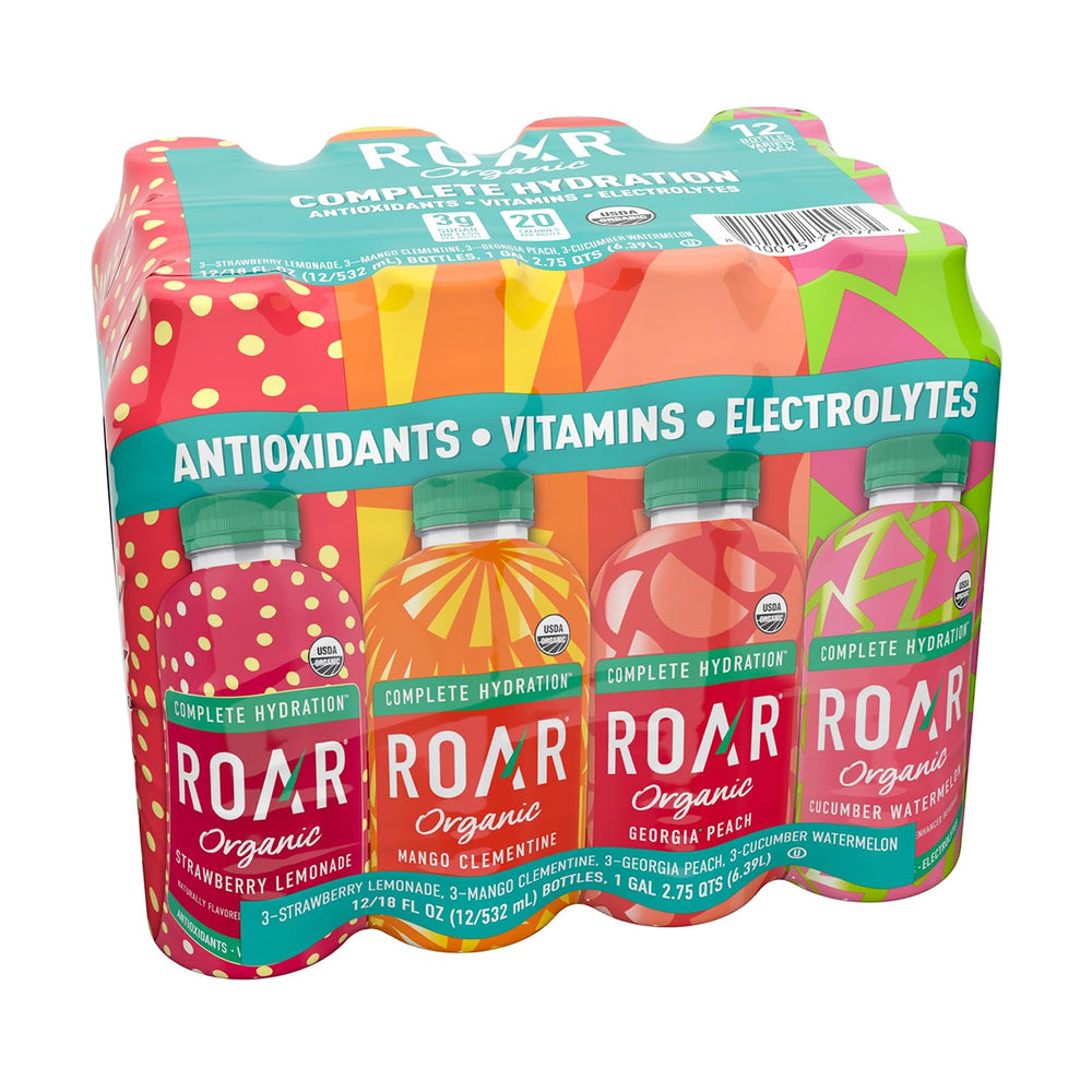 ROAR Organic strawberry lemonade bottle for refreshing hydration with vitamins.