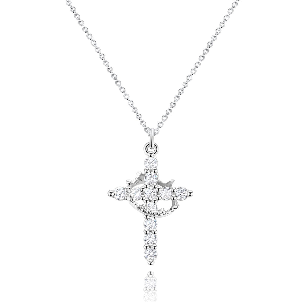 Robaice Silver Cross Necklace with crown pendant for everyday elegance.