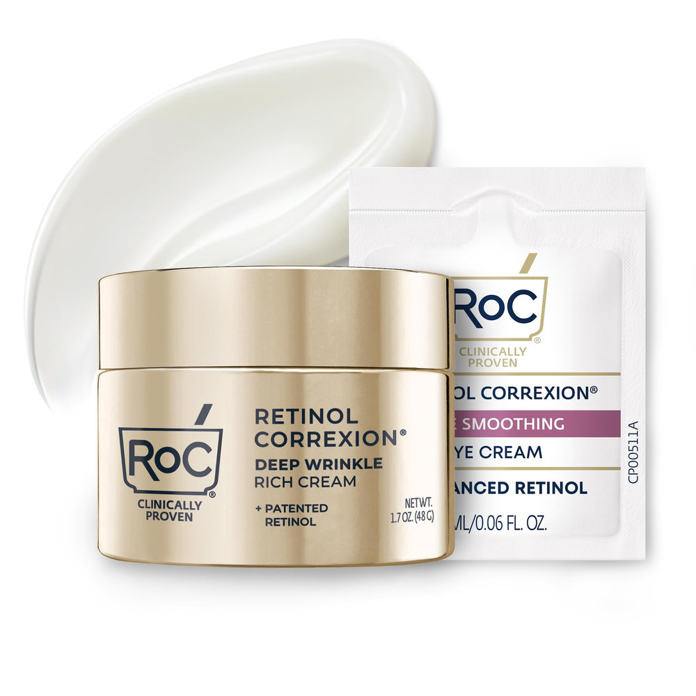 RoC Deep Wrinkle Rich Cream jar close-up shows fragrance-free, hydrating formula