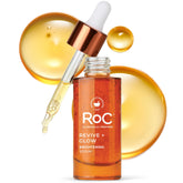 RoC Multi Correxion Revive + Glow bottle highlights brightening serum for daily use.