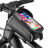 ROCKBROS bike front frame bag waterproof keeps valuables safe during all-weather rides.
