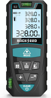 RockSeed laser distance meter with 328 ft range for quick room measurements.