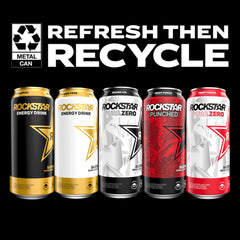 Rockstar 12-pack display emphasizes convenient energy for workouts and travel.