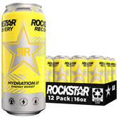 Rockstar Recovery Lemonade can in 12-pack display highlighting hydration from electrolytes.