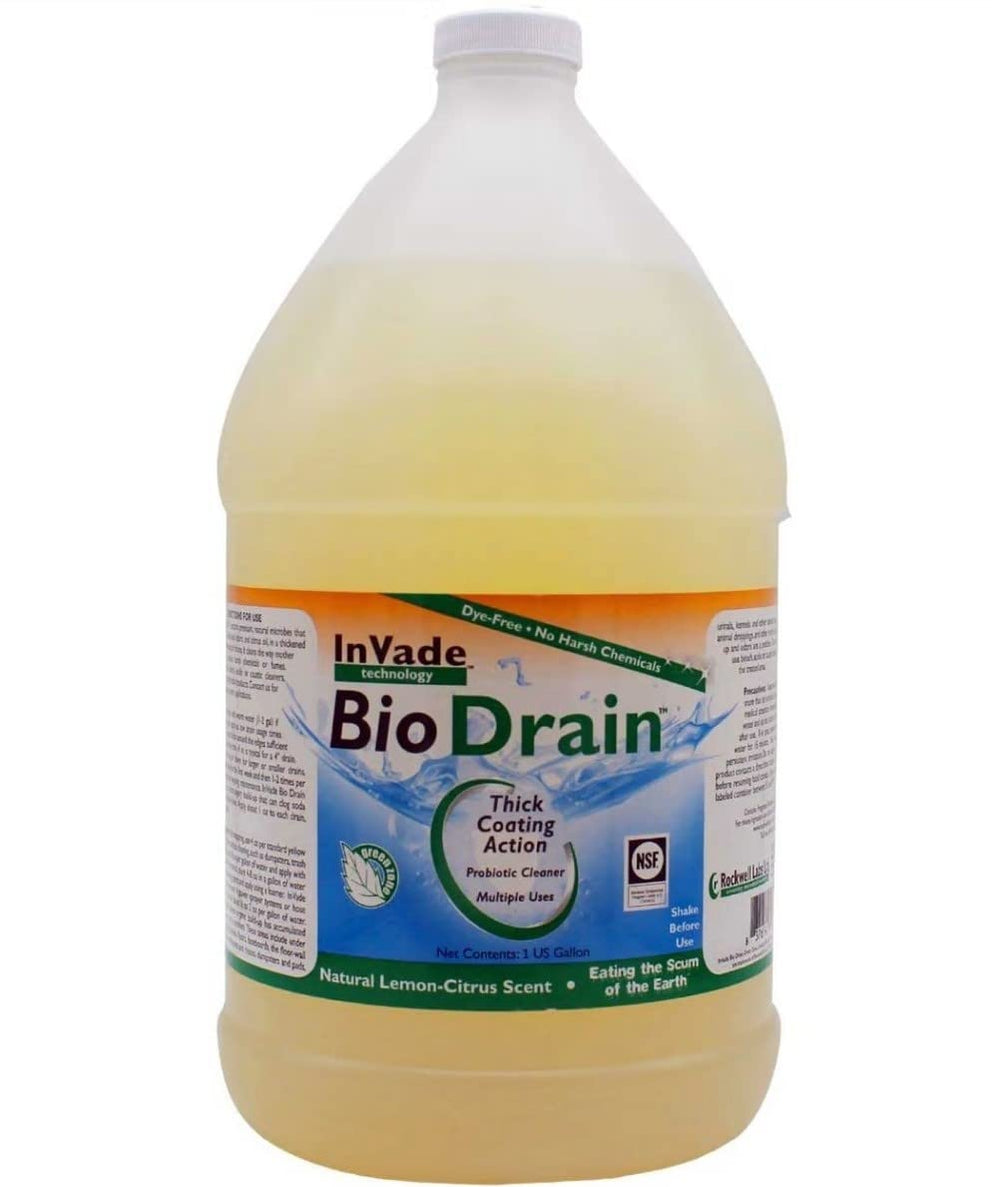 Rockwell Labs InVade Bio Drain bottle being poured to support drain maintenance