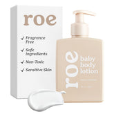 Roe Wellness fragrance-free baby lotion bottle provides gentle hydration for delicate skin.