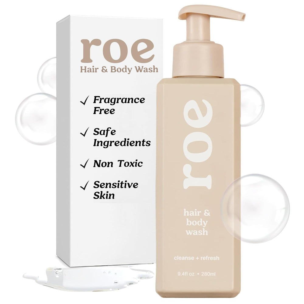 Roe Wellness Toddler Body Wash bottle illustrates gentle cleansing for sensitive skin.