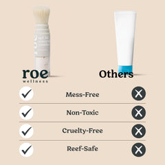 Roe Wellness mineral sunscreen powder being brushed onto skin during a sunny day.
