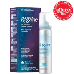Rogaine foam dispense cap highlighting mess-free daily application