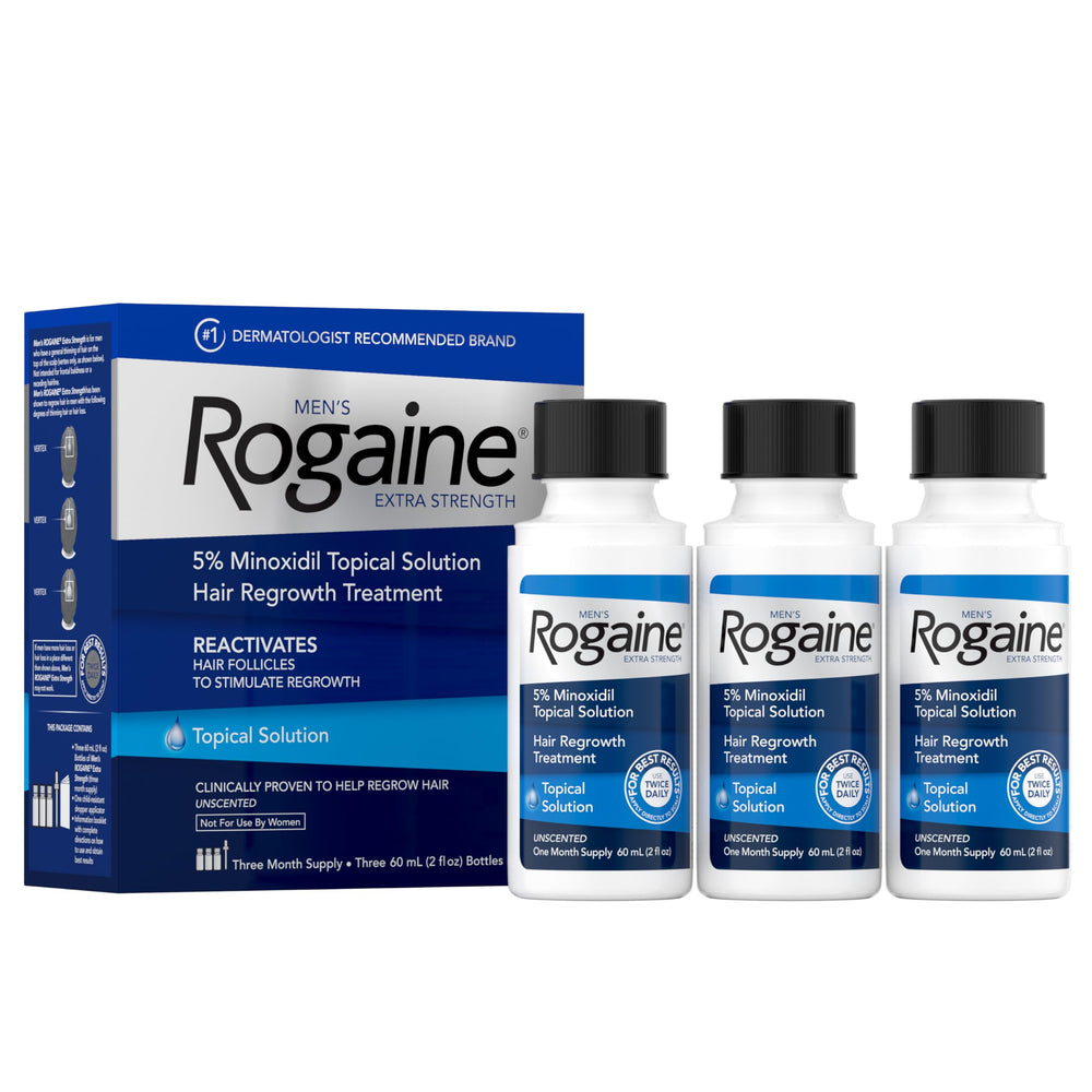Rogaine Men’s Extra Strength 5% minoxidil bottle 2oz ready for daily scalp application.