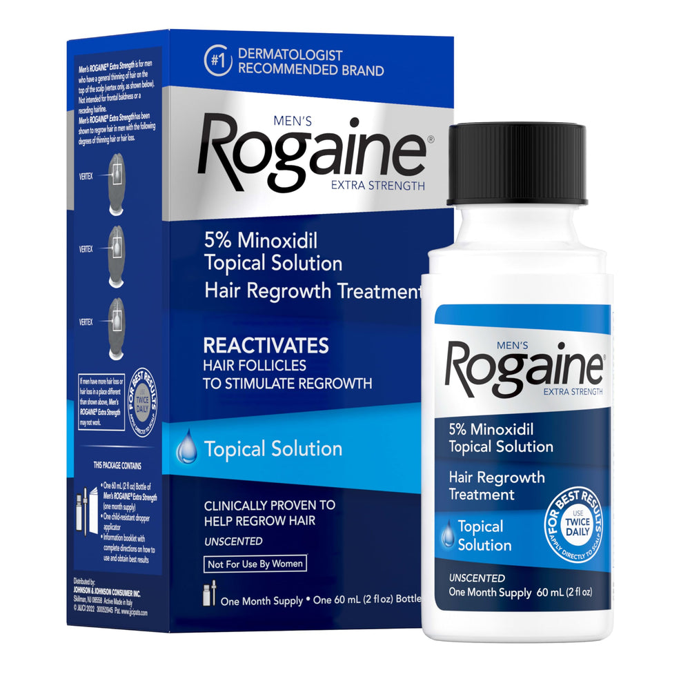 Rogaine men's extra-strength minoxidil bottle ready for daily use to support regrowth.