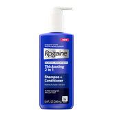 Rogaine Men's Thickening 2-in-1 Shampoo bottle promises visibly thicker hair.