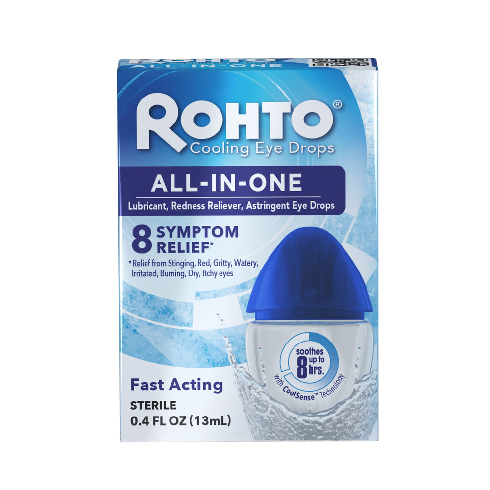 Rohto All-In-One bottle pour shows mess-free, quick dispensing for fast eye relief.