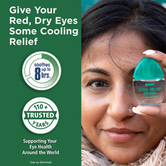 Rohto Cool Relief dropper dispense demonstrates sterile, quick moisture for redness relief.