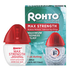 Rohto Max Strength redness-reliever bottle offers portable eye comfort.
