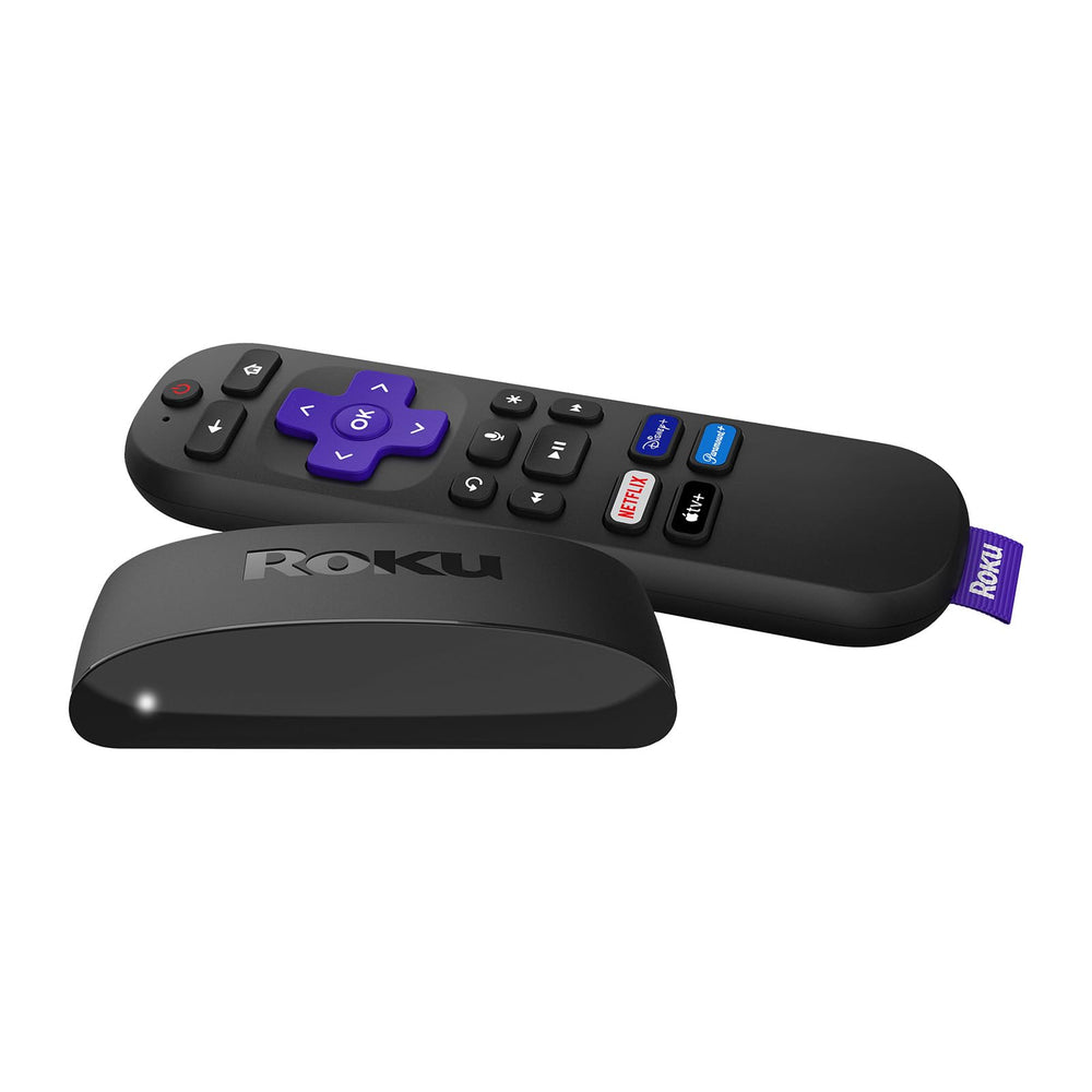 Roku Express 4K+ remote in hand for easy voice navigation.