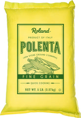 Roland Foods fine yellow polenta pack close-up for quick weeknight meals.